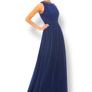 Mac Duggal Navy Blue Women Size 8 Beaded Neckline Pleated Chiffon  Evening Gown